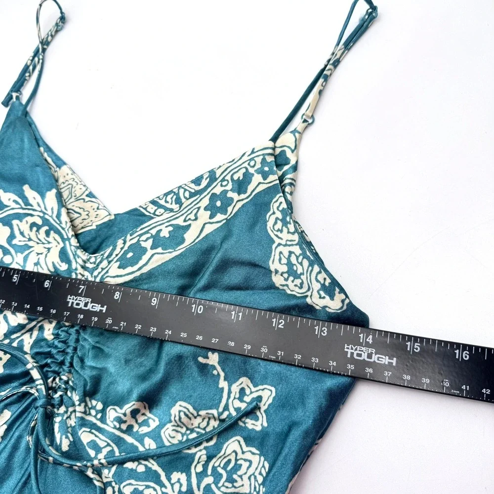 ZARA Women's XS Teal Blue White Paisley Satin‎ Mini Dress Ruched Bust